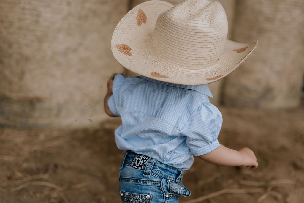 "Dasha" Soft Baby Blue gingham Short Sleeve Romper-Little Windmill Clothing Co
