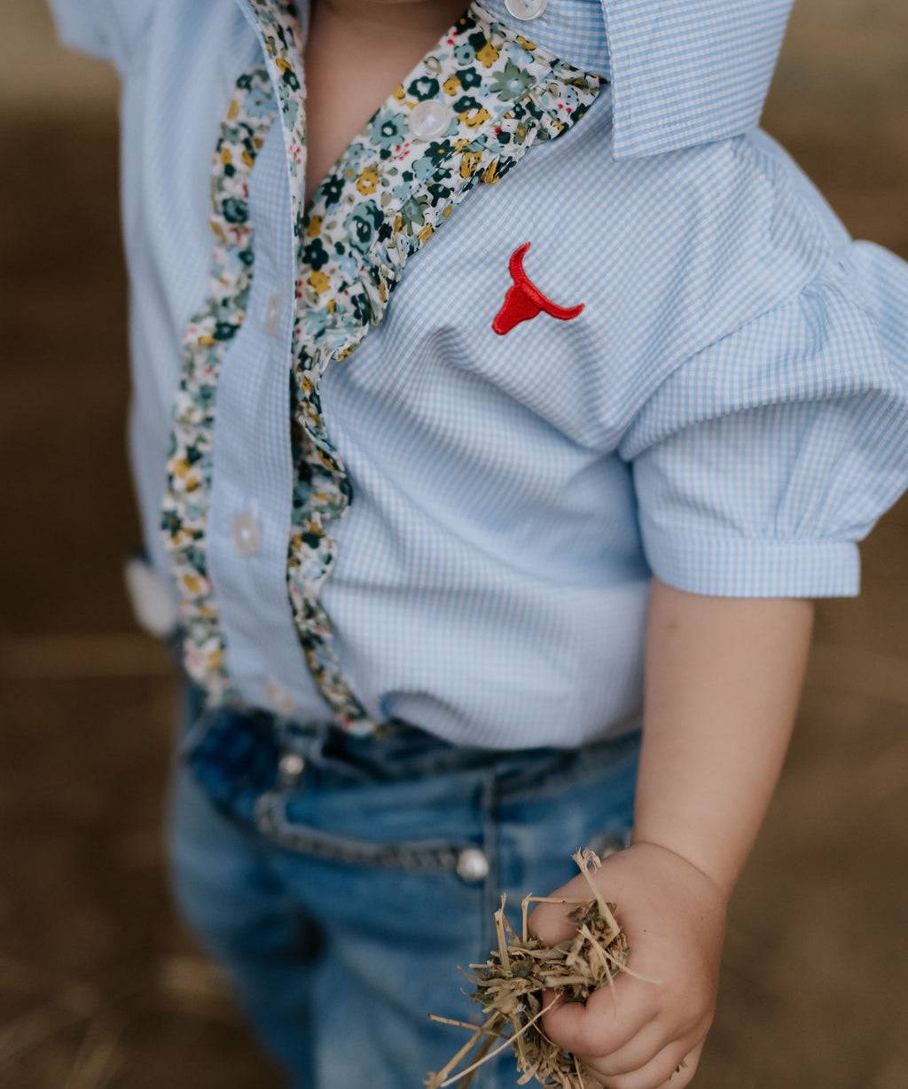 Dasha soft baby blue gingham short sleeve romper front view showing sweet soft blue check romper