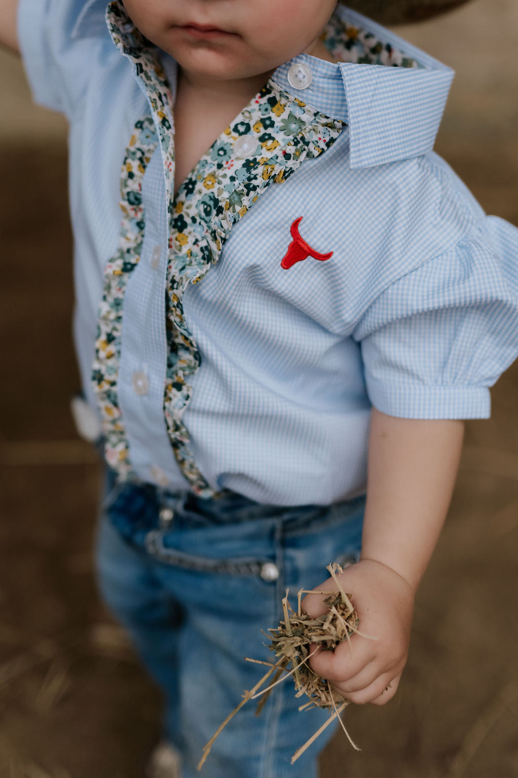 Dasha soft baby blue gingham short sleeve romper front view showing sweet soft blue check romper