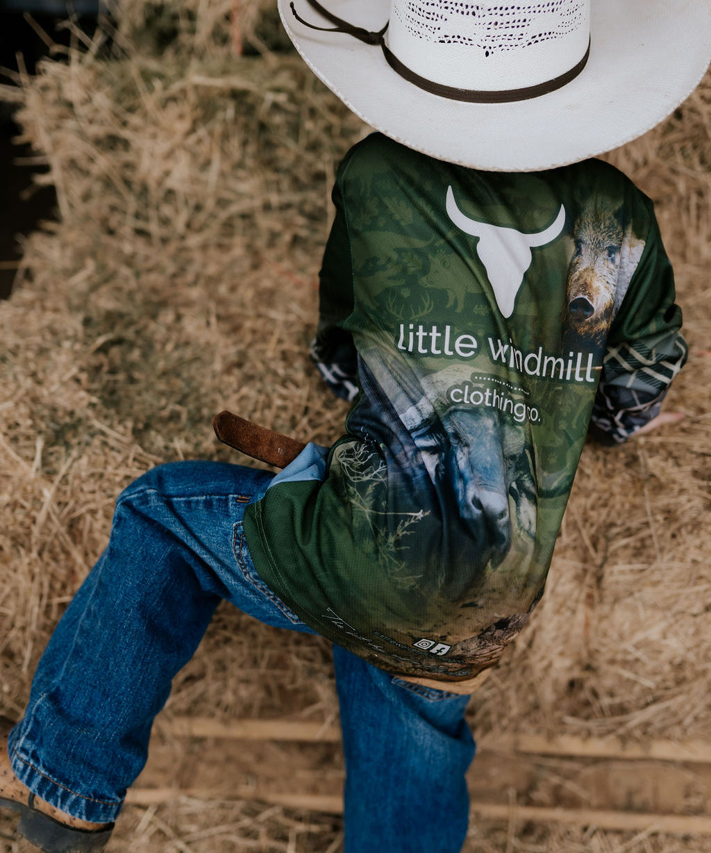 Hunting scrub green long sleeve fishing shirt back view showing full back coverage and scrub green colourway