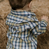 Dale navy glow check long sleeve romper flatlay showing full navy glow check design