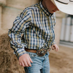 Clyde navy glow checked long sleeve shirt collar detail showing neat collar and button placket