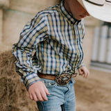 Clyde navy glow checked long sleeve shirt collar detail showing neat collar and button placket