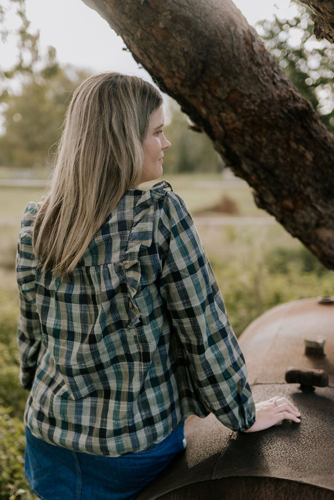 "Lucia" Linen Moss Green Checked Women's Shirt-Little Windmill Clothing Co