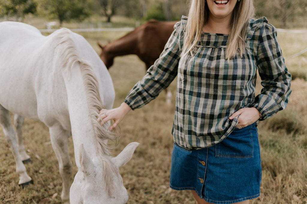 "Lucia" Linen Moss Green Checked Women's Shirt-Little Windmill Clothing Co