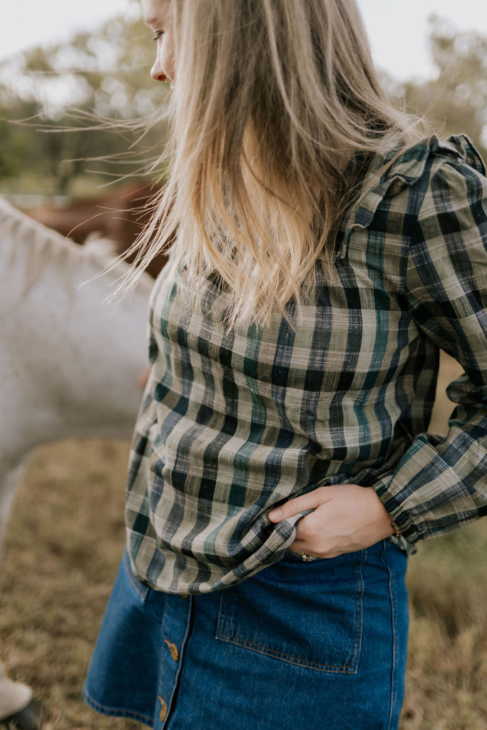 "Lucia" Linen Moss Green Checked Women's Shirt-Little Windmill Clothing Co