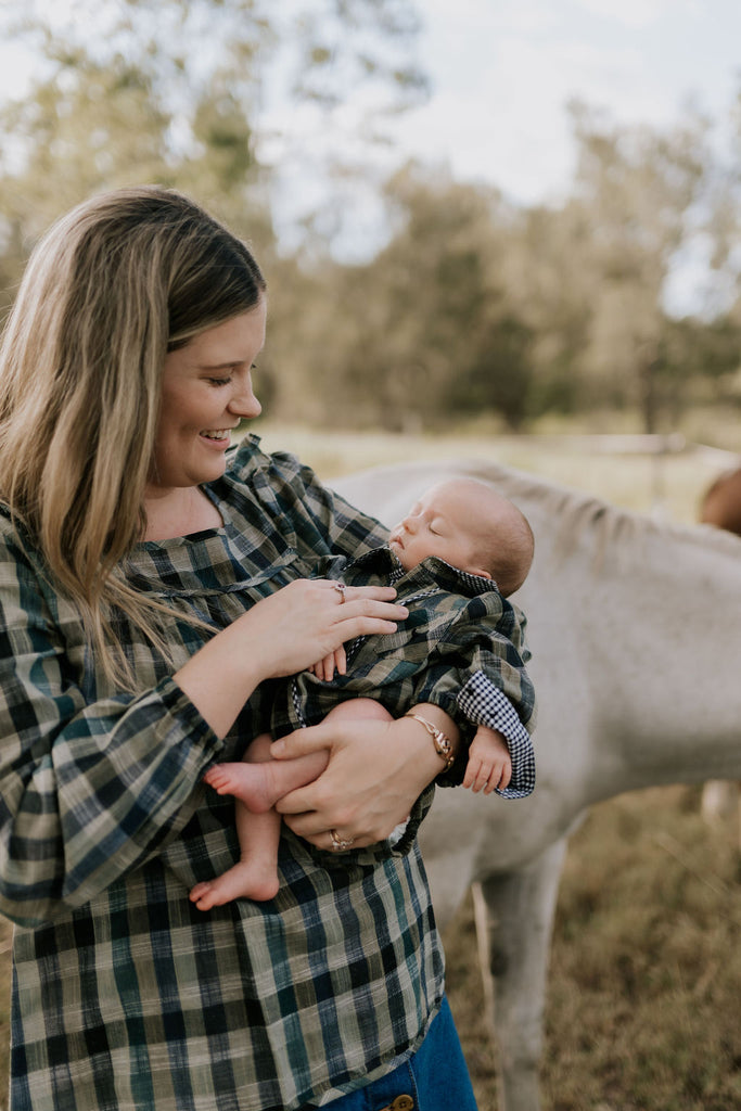 "Lucas" Linen Moss Green Checked Long Sleeve Romper-Little Windmill Clothing Co