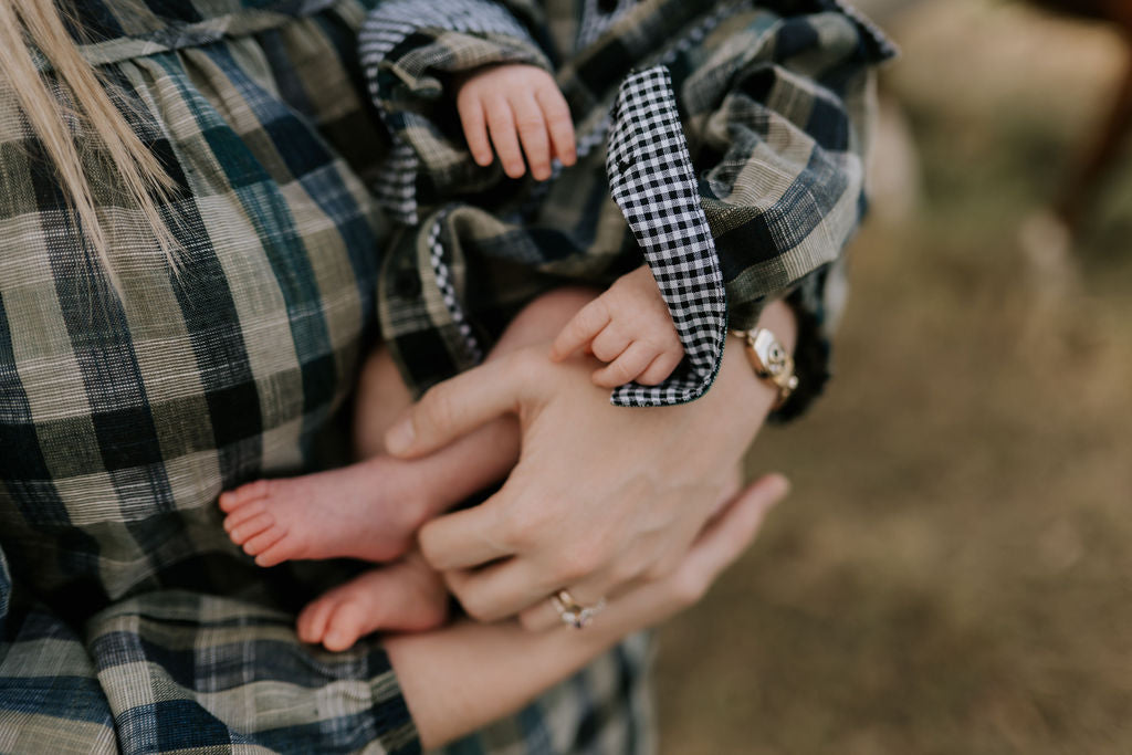 "Lucas" Linen Moss Green Checked Long Sleeve Romper-Little Windmill Clothing Co