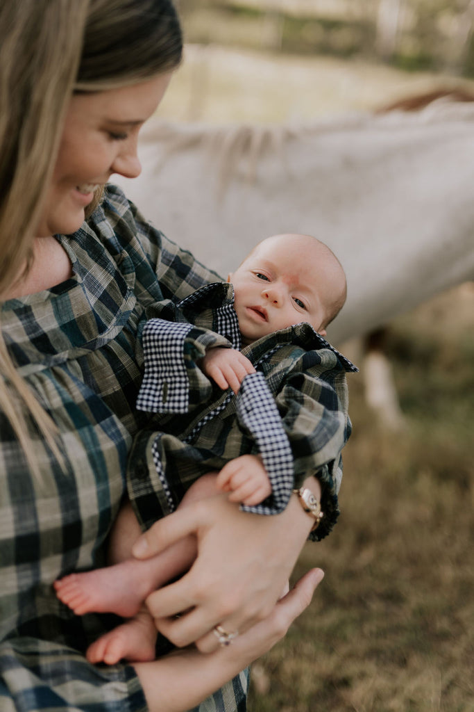 "Lucas" Linen Moss Green Checked Long Sleeve Romper-Little Windmill Clothing Co