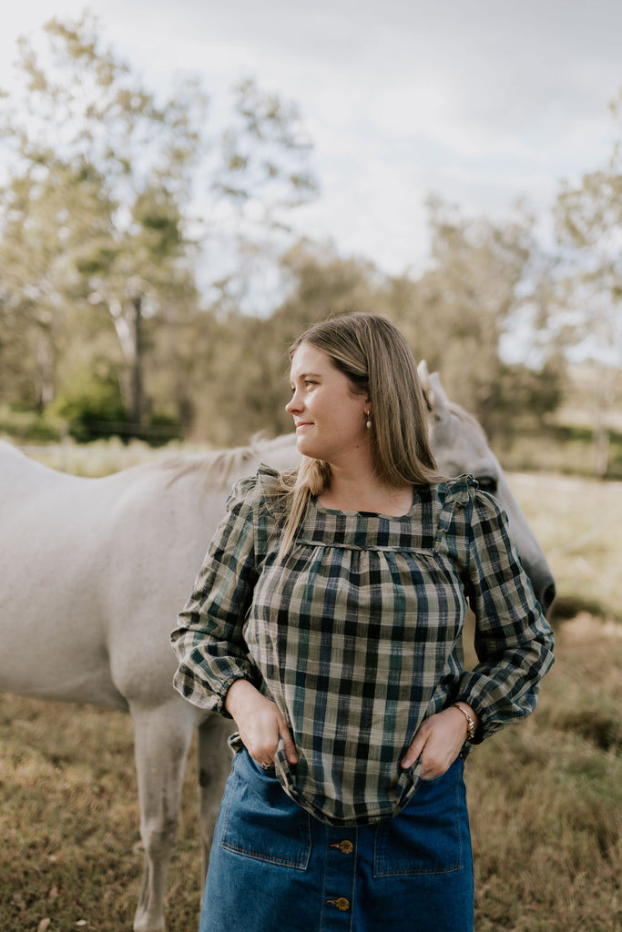 "Lucia" Linen Moss Green Checked Women's Shirt-Little Windmill Clothing Co