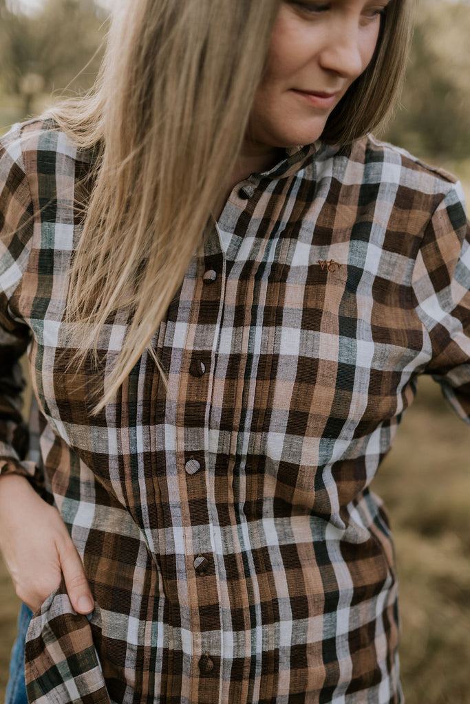 "Luci" Linen Brown Checked Women's Shirt-Little Windmill Clothing Co