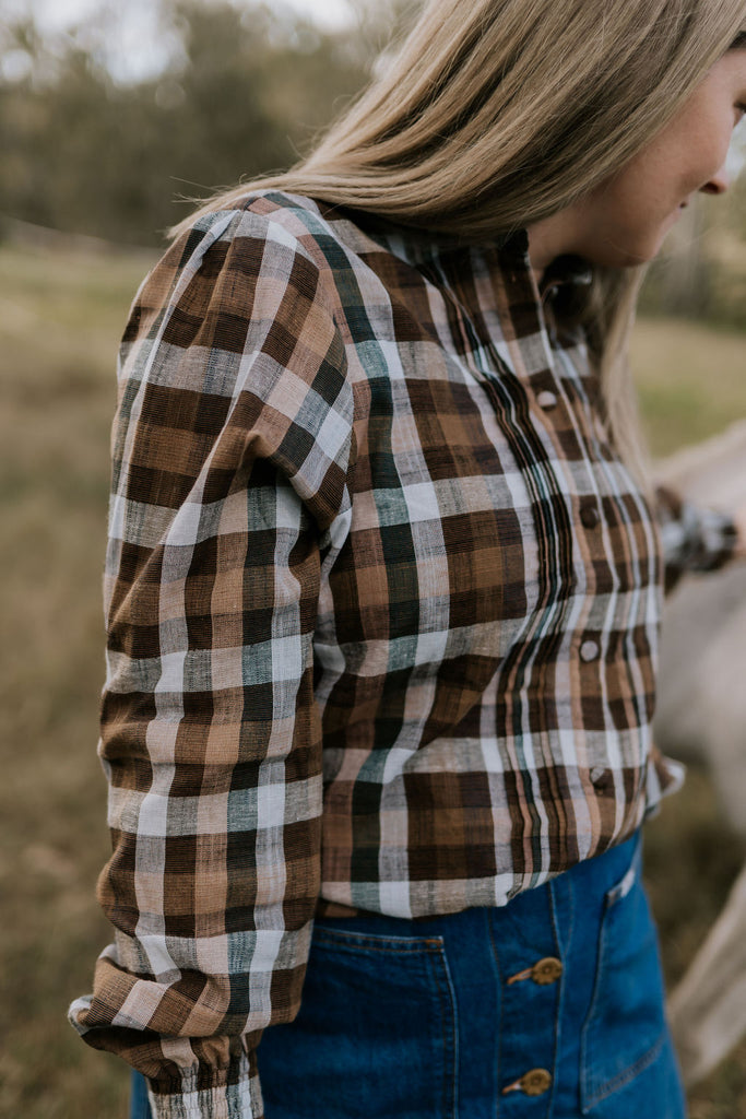 "Luci" Linen Brown Checked Women's Shirt-Little Windmill Clothing Co
