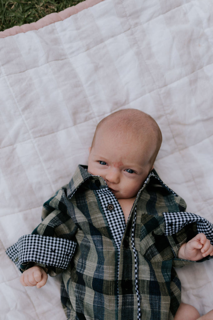 "Lucas" Linen Moss Green Checked Long Sleeve Romper-Little Windmill Clothing Co
