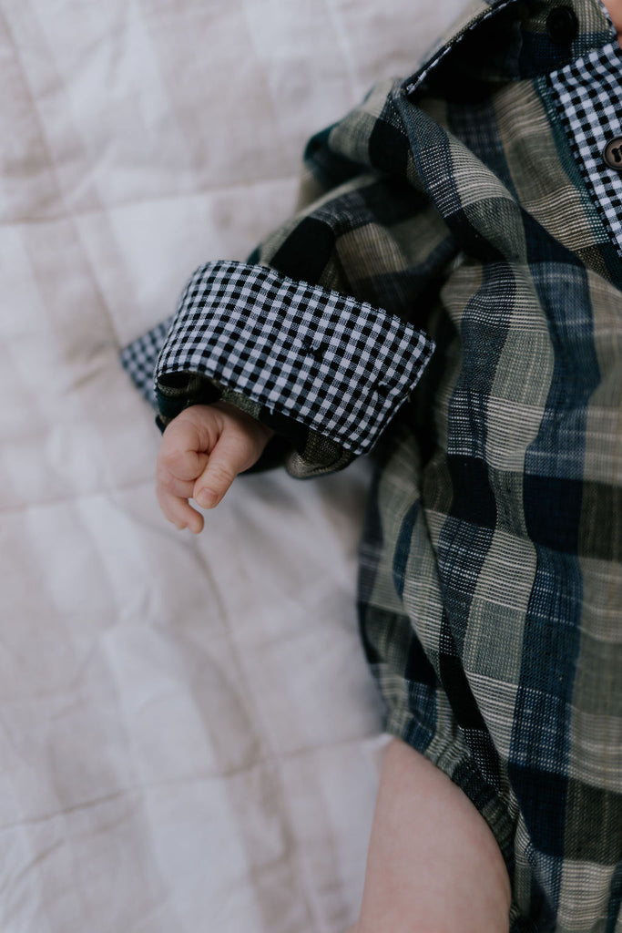 "Lucas" Linen Moss Green Checked Long Sleeve Romper-Little Windmill Clothing Co