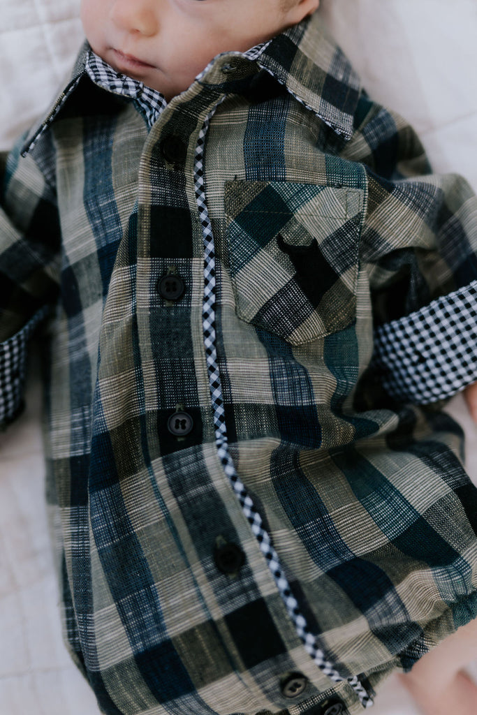 "Lucas" Linen Moss Green Checked Long Sleeve Romper-Little Windmill Clothing Co