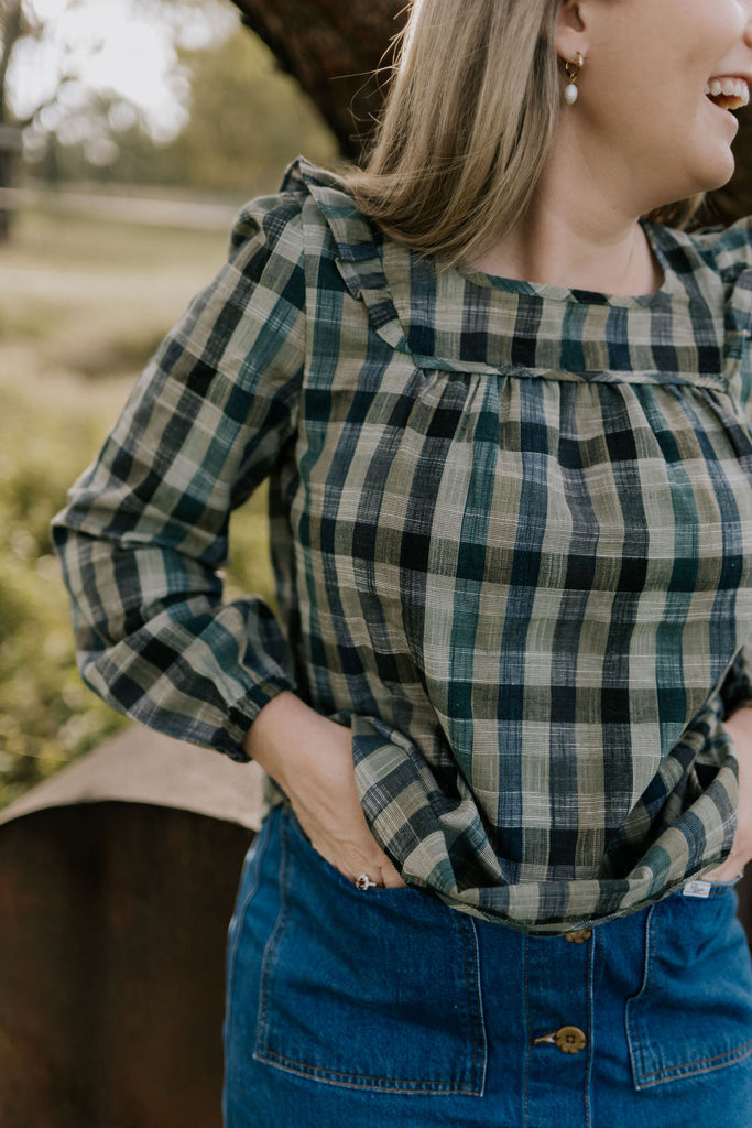 "Lucia" Linen Moss Green Checked Women's Shirt-Little Windmill Clothing Co