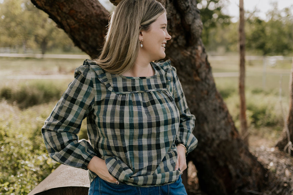 "Lucia" Linen Moss Green Checked Women's Shirt-Little Windmill Clothing Co