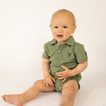 "Ky Baby" Khaki Green Baby Polo Romper-Little Windmill Clothing Co