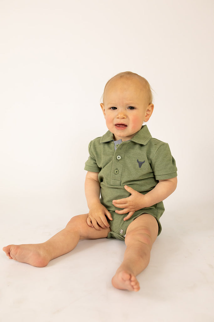 "Ky Baby" Khaki Green Baby Polo Romper-Little Windmill Clothing Co