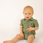 "Ky Baby" Khaki Green Baby Polo Romper-Little Windmill Clothing Co