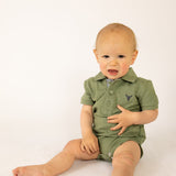 "Ky Baby" Khaki Green Baby Polo Romper-Little Windmill Clothing Co