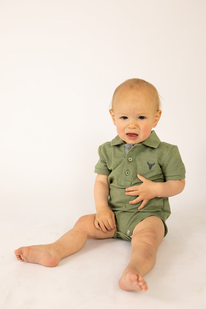 "Ky Baby" Khaki Green Baby Polo Romper-Little Windmill Clothing Co