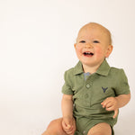 "Ky Baby" Khaki Green Baby Polo Romper-Little Windmill Clothing Co