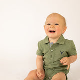 "Ky Baby" Khaki Green Baby Polo Romper-Little Windmill Clothing Co