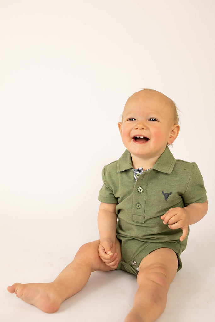 "Ky Baby" Khaki Green Baby Polo Romper-Little Windmill Clothing Co