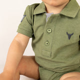 "Ky Baby" Khaki Green Baby Polo Romper-Little Windmill Clothing Co