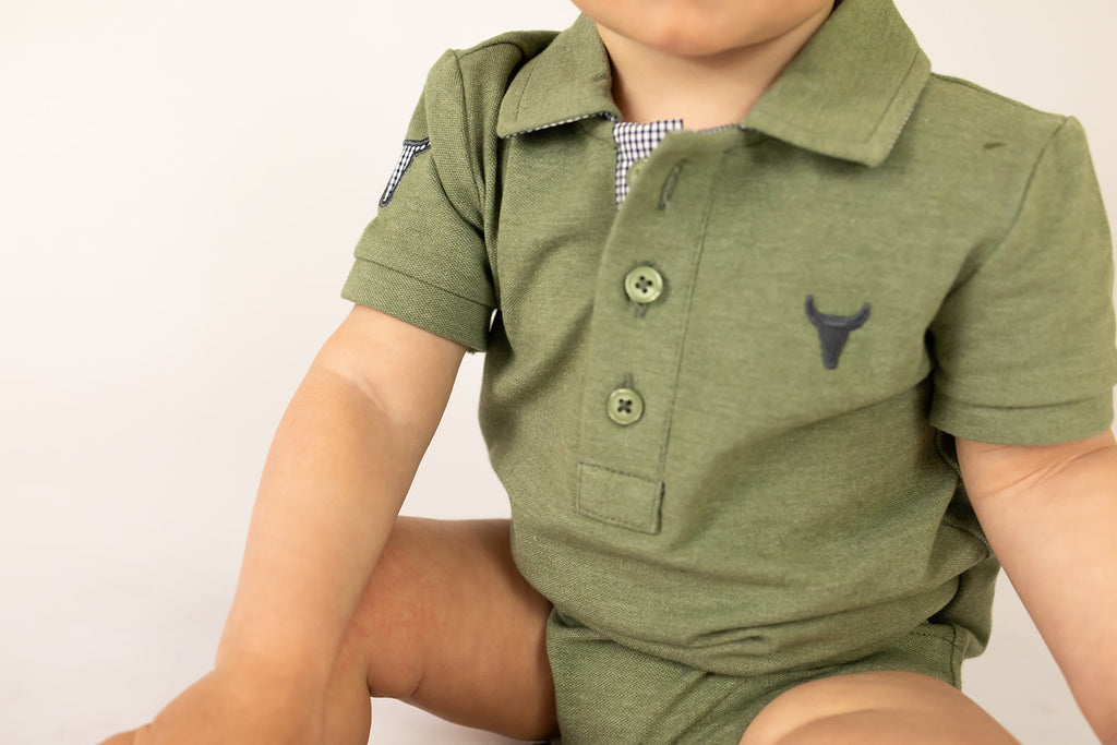 "Ky Baby" Khaki Green Baby Polo Romper-Little Windmill Clothing Co