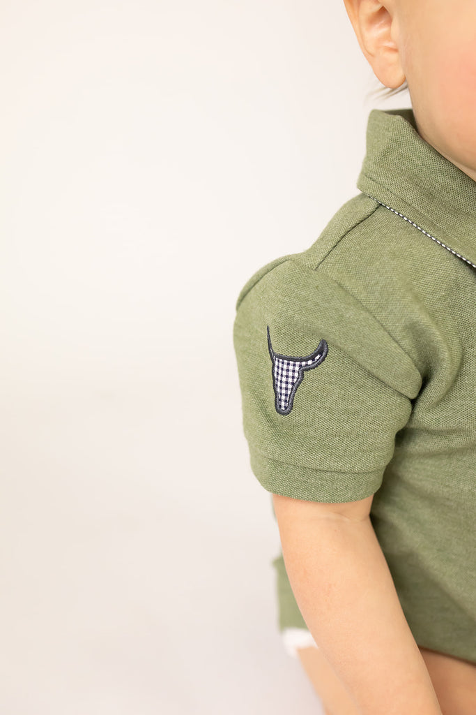 "Ky Baby" Khaki Green Baby Polo Romper-Little Windmill Clothing Co