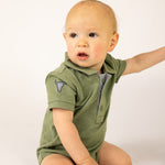 "Ky Baby" Khaki Green Baby Polo Romper-Little Windmill Clothing Co