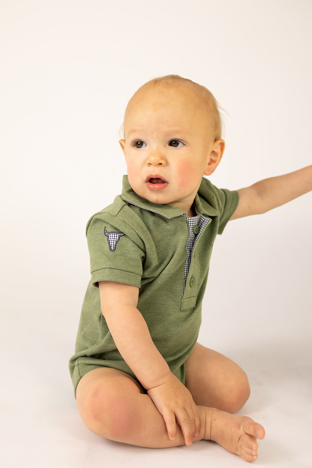 "Ky Baby" Khaki Green Baby Polo Romper-Little Windmill Clothing Co