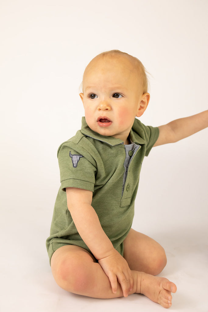 "Ky Baby" Khaki Green Baby Polo Romper-Little Windmill Clothing Co