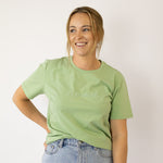 LIMITED EDITION embroidered ladies tee sage collar and sleeve detail showing premium quality