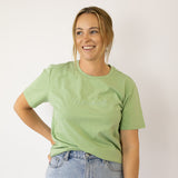 LIMITED EDITION embroidered ladies tee sage collar and sleeve detail showing premium quality