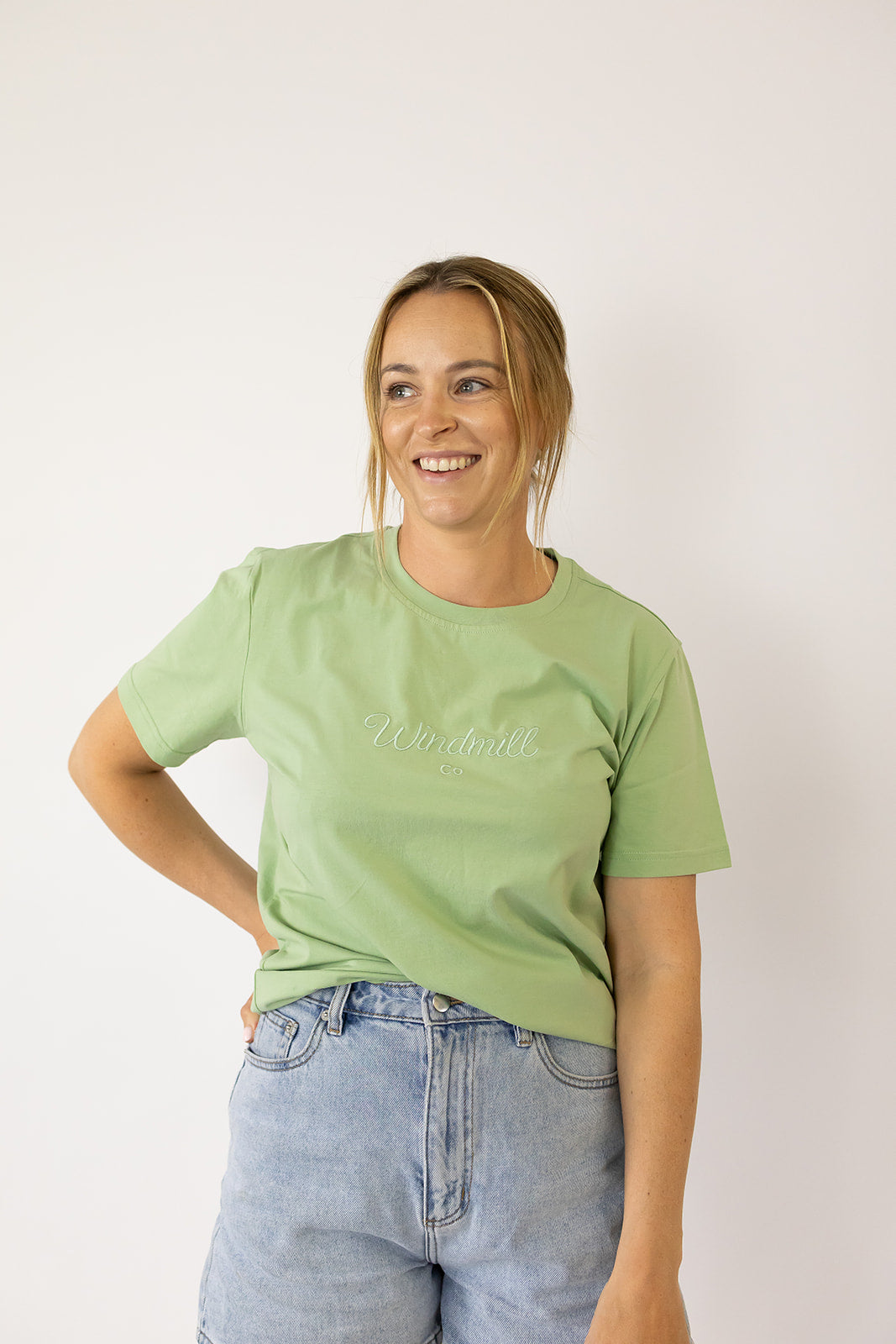 LIMITED EDITION embroidered ladies tee sage collar and sleeve detail showing premium quality