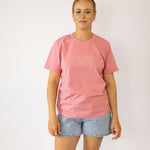 LIMITED EDITION embroidered ladies tee dust pink detail shot showing premium tee construction