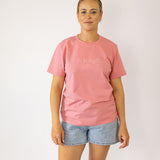 LIMITED EDITION embroidered ladies tee dust pink detail shot showing premium tee construction