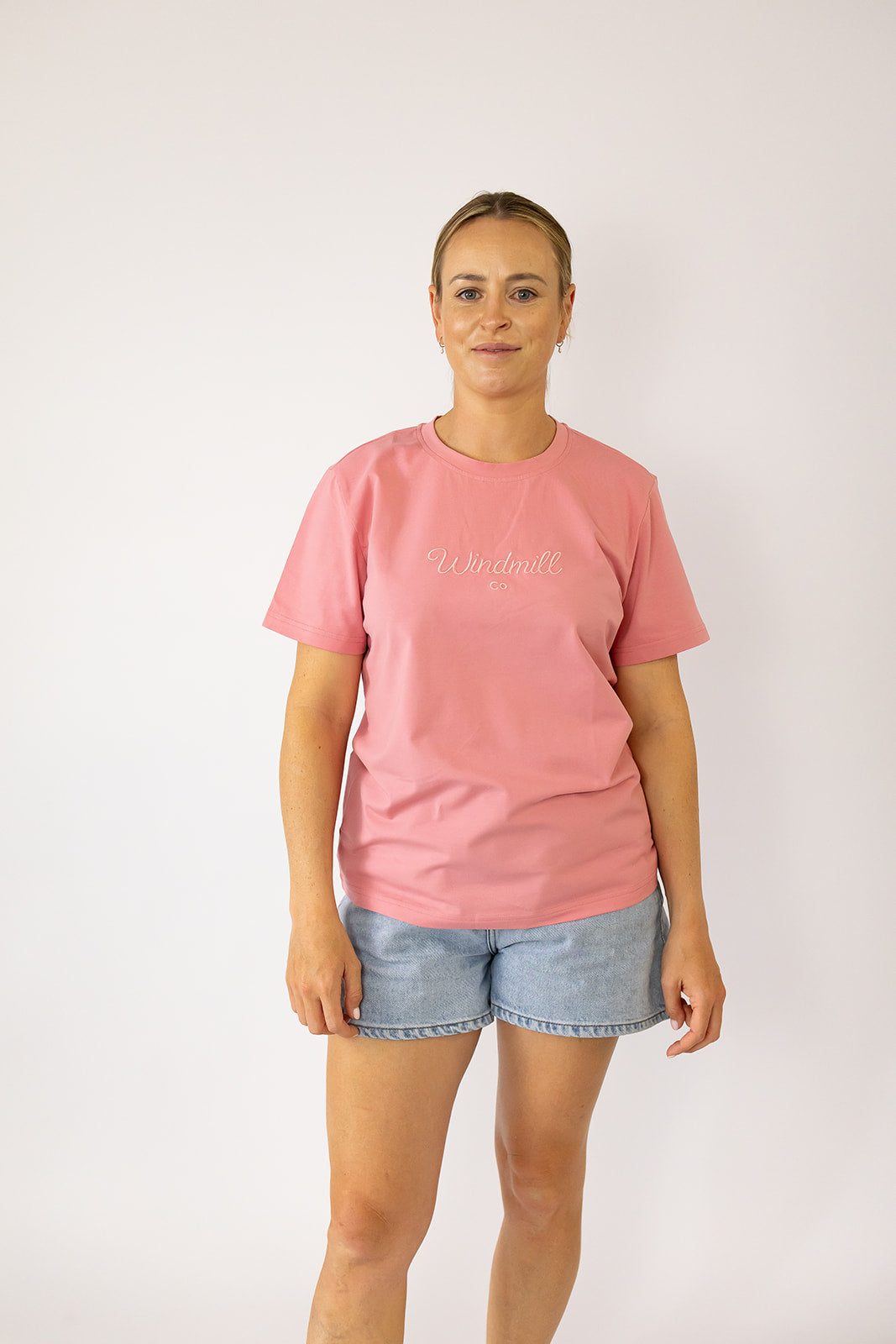 LIMITED EDITION embroidered ladies tee dust pink detail shot showing premium tee construction