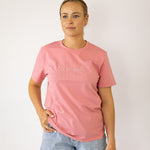 LIMITED EDITION embroidered ladies tee dust pink flat lay showing full design and warm dust pink