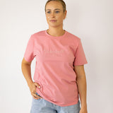 LIMITED EDITION embroidered ladies tee dust pink flat lay showing full design and warm dust pink
