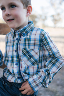 Kids blue plaid long sleeve western shirt with navy collar and bull head embroidery
