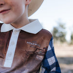Tractor check long sleeve fishing shirt collar detail showing functional sun protection collar