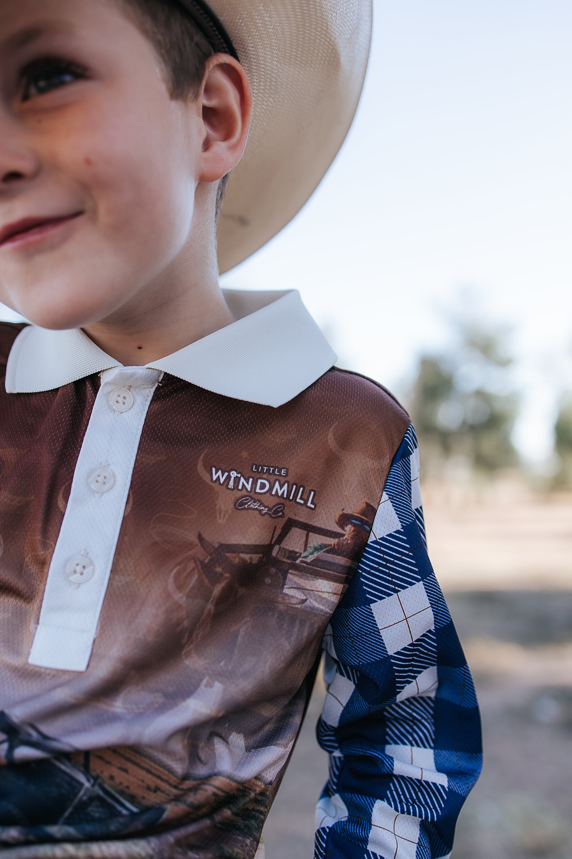 Tractor check long sleeve fishing shirt collar detail showing functional sun protection collar