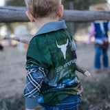 Hunting scrub green long sleeve fishing shirt worn showing functional outdoor country style in scrub green