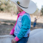 Cowgirl Boots long sleeve fishing shirt collar detail showing functional sun protection collar