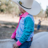 Cowgirl Boots long sleeve fishing shirt collar detail showing functional sun protection collar