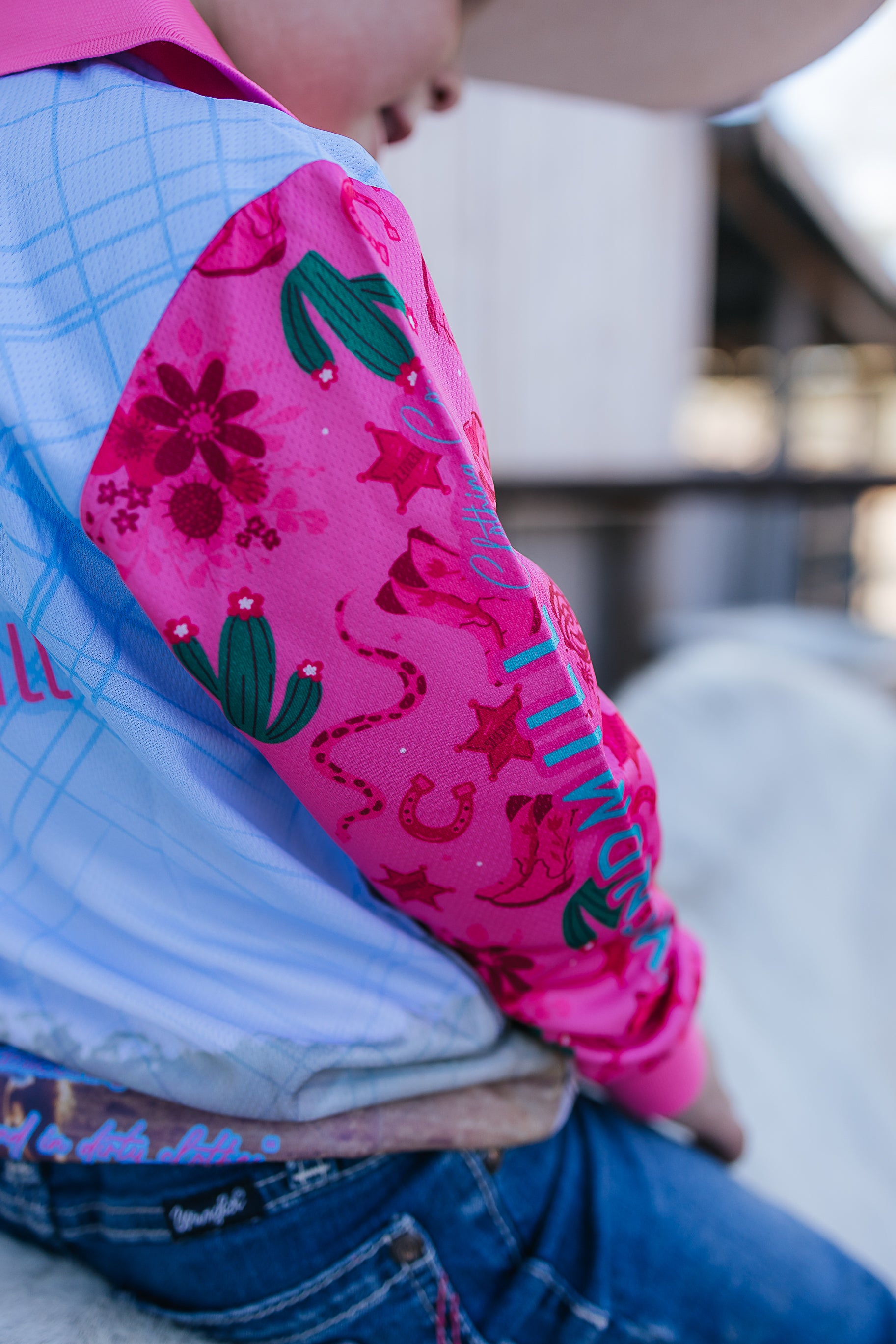 Cowgirl Boots long sleeve fishing shirt print close-up showing detailed cowgirl boots graphic